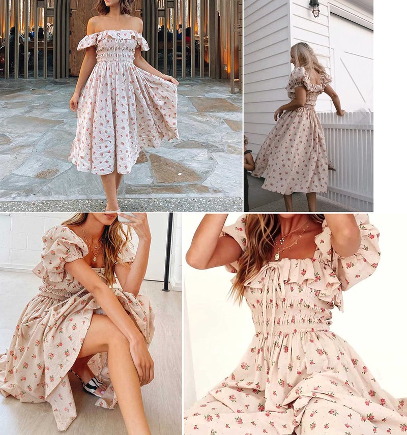 R.Vivimos Womens Summer Floral Print Puff Sleeves Vintage Ruffles Midi Dress (Large, Beige) - Image 5
